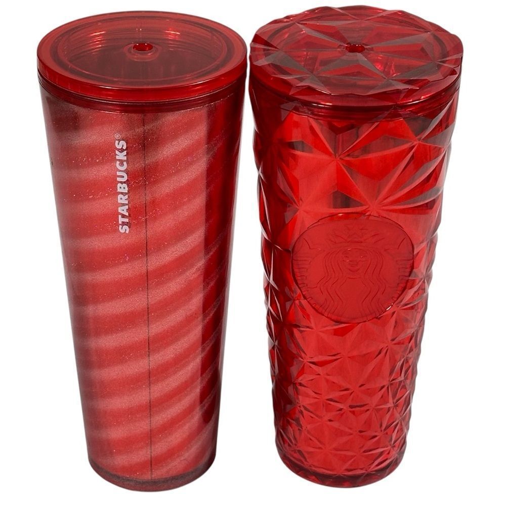 2 Starbucks Holiday Cold Cup Tumbler 24 Oz Red Prism, Peppermint. NO STRAW